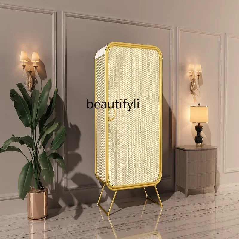 

14 GY Nordic Mobile Wardrobe Cabinet Bedroom Iron Grid Clothing Showcase Simple Golden Storage Cabinet Underwear Showcase