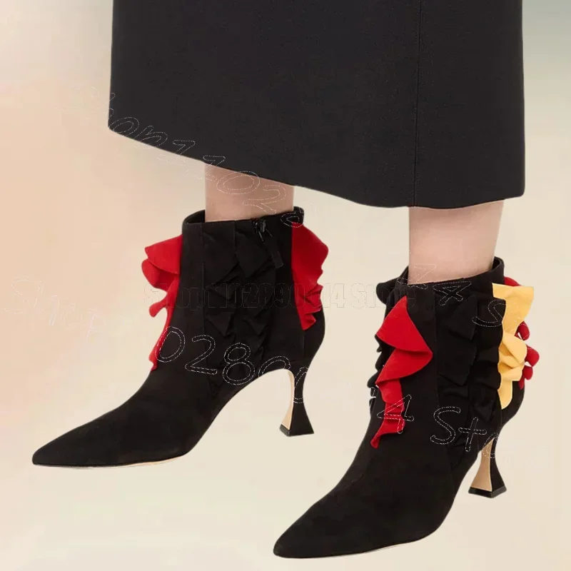 

Colorful Ruffles Black Pointed Toe Ankle Boots Side Zipper Women Shoes Thin High Heels New Party Dating 2024 Zapatos Para Mujere