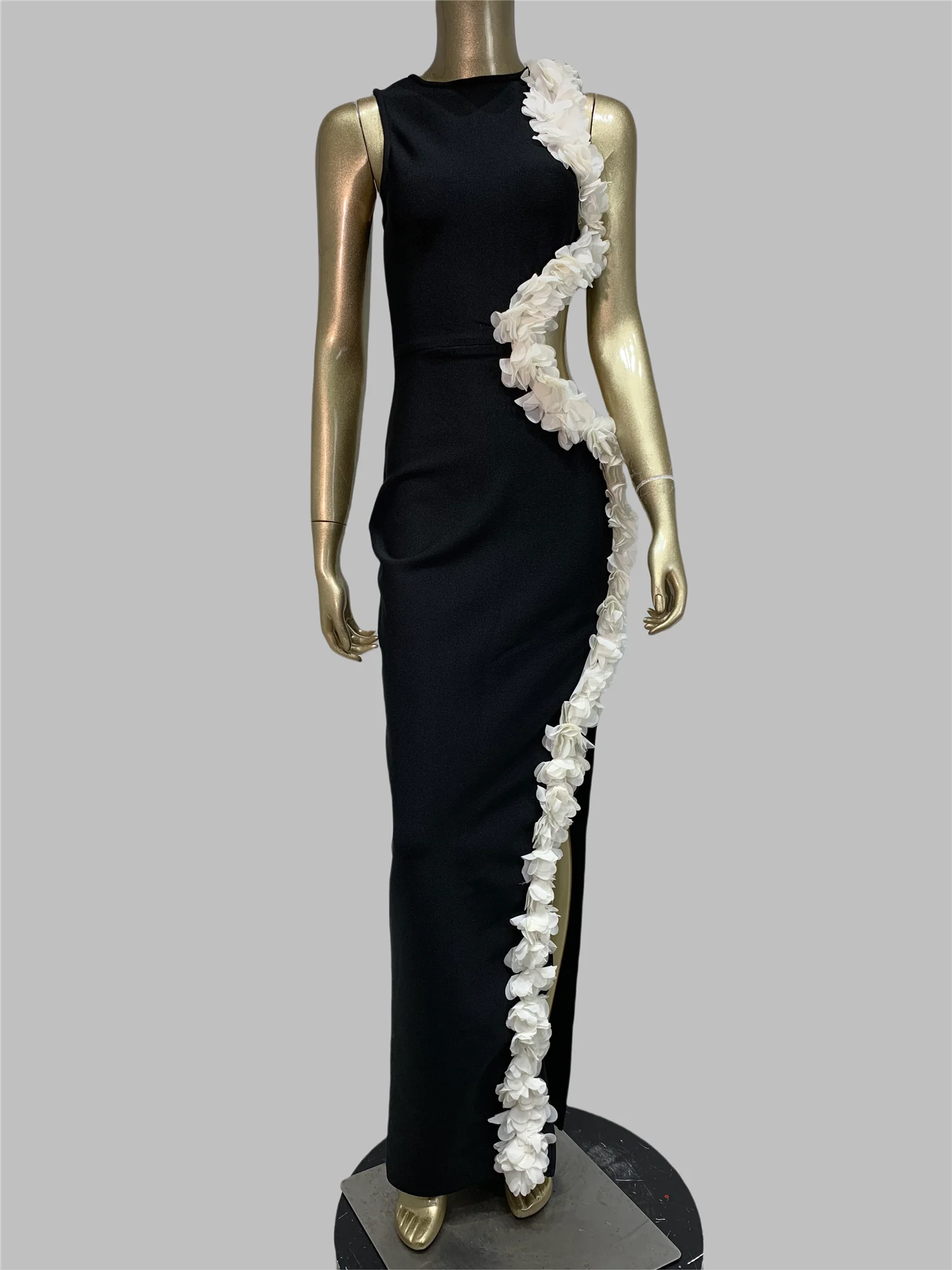 Women Luxury Designer Bandage Dress Black Cut Out White Appliques Maxi Long Bodycon Celebrity Evening Party Runway Dresses