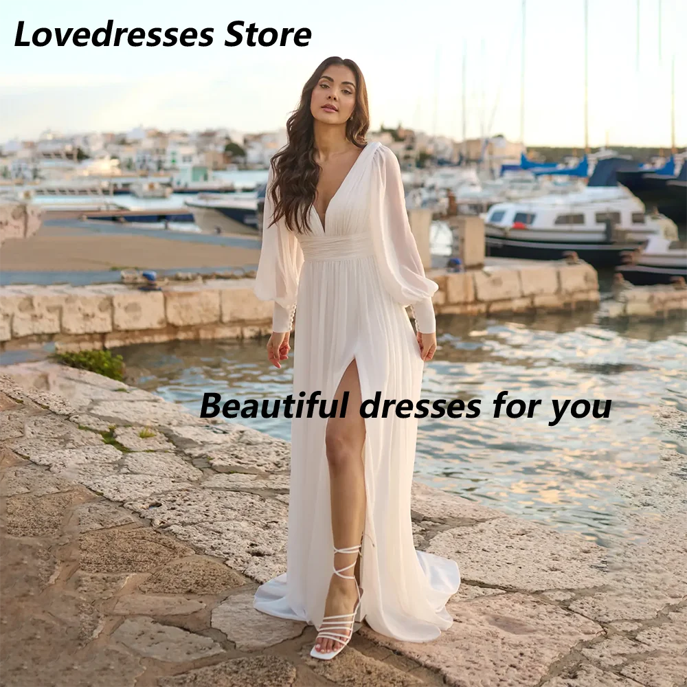 

Elegant Wedding Dress Customized Full Sleeves V-Neck Thigh Slit A Line Floor Length Pleat Chiffon Bridal Gown Bride Dresses 2025
