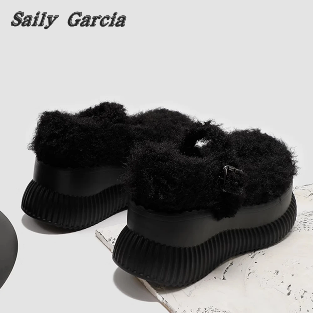 Round Toe Plus Velvet Metal Buckle Strap Shoes 2023 New Cool Girl Style Mary Jane Lovely Shoes Fur Wool Shallow Platform Shoes