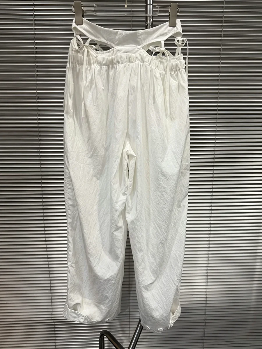 GALCAUR Solid Loose Spliced Hollow Out Minimalism Pant for Women High Waist Patchwork Buttons Elegant Pants Female Fashion New