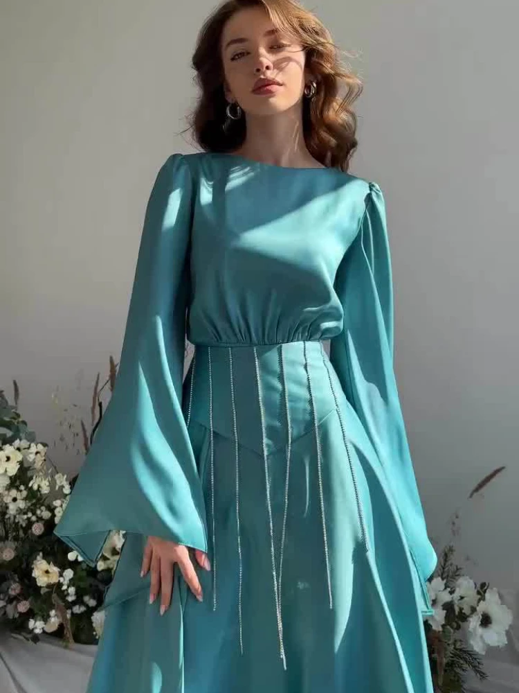 Robe Longue en Satin à Manches Évasées et Col Rond pour Femme, Tenue Élégante et Sexy de Soirée, Nouvelle Collection Printemps 2024