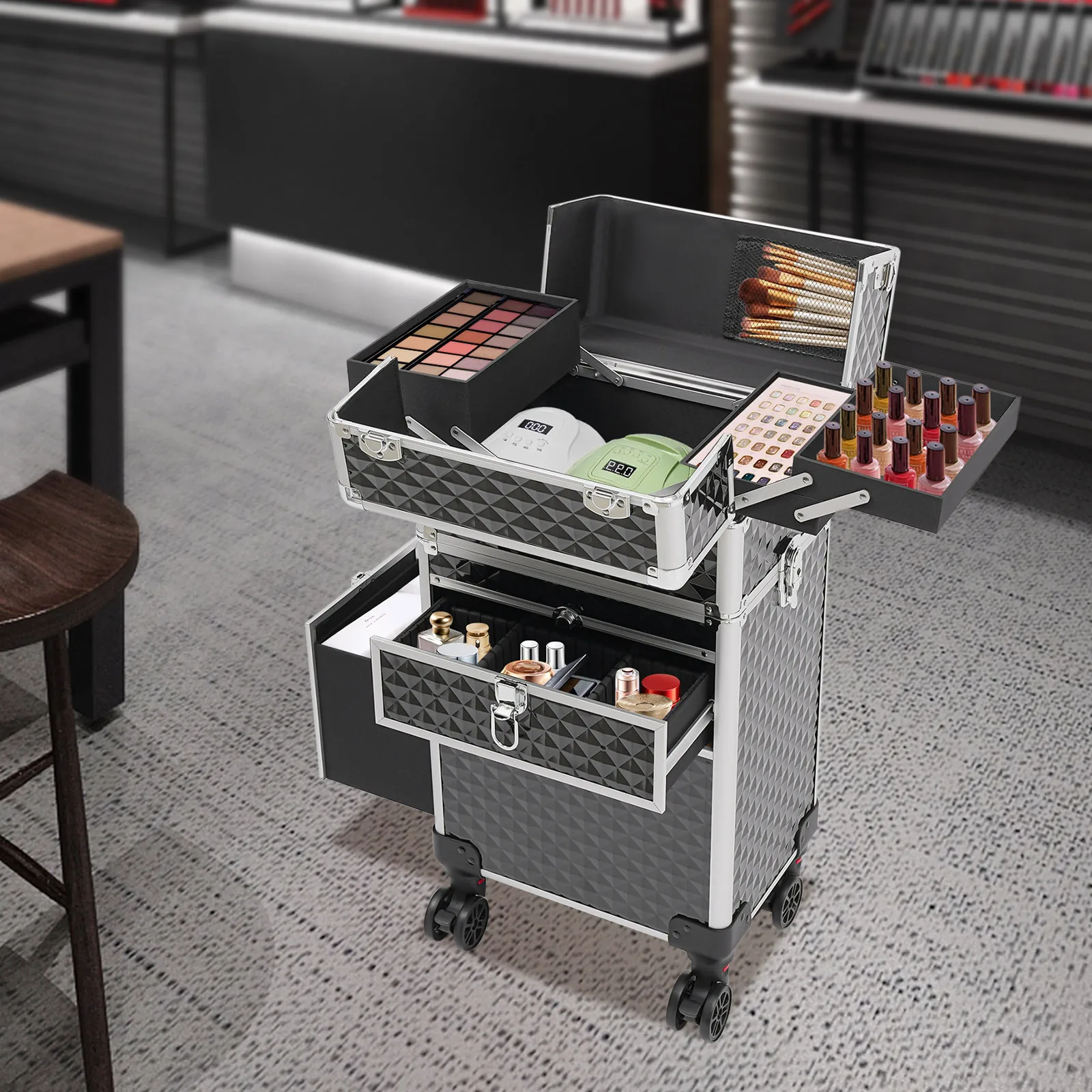 

Professional Rolling Makeup Train Case, Multi-functional Cosmetic Trolley, Large Storage Traveling Cart Trunk