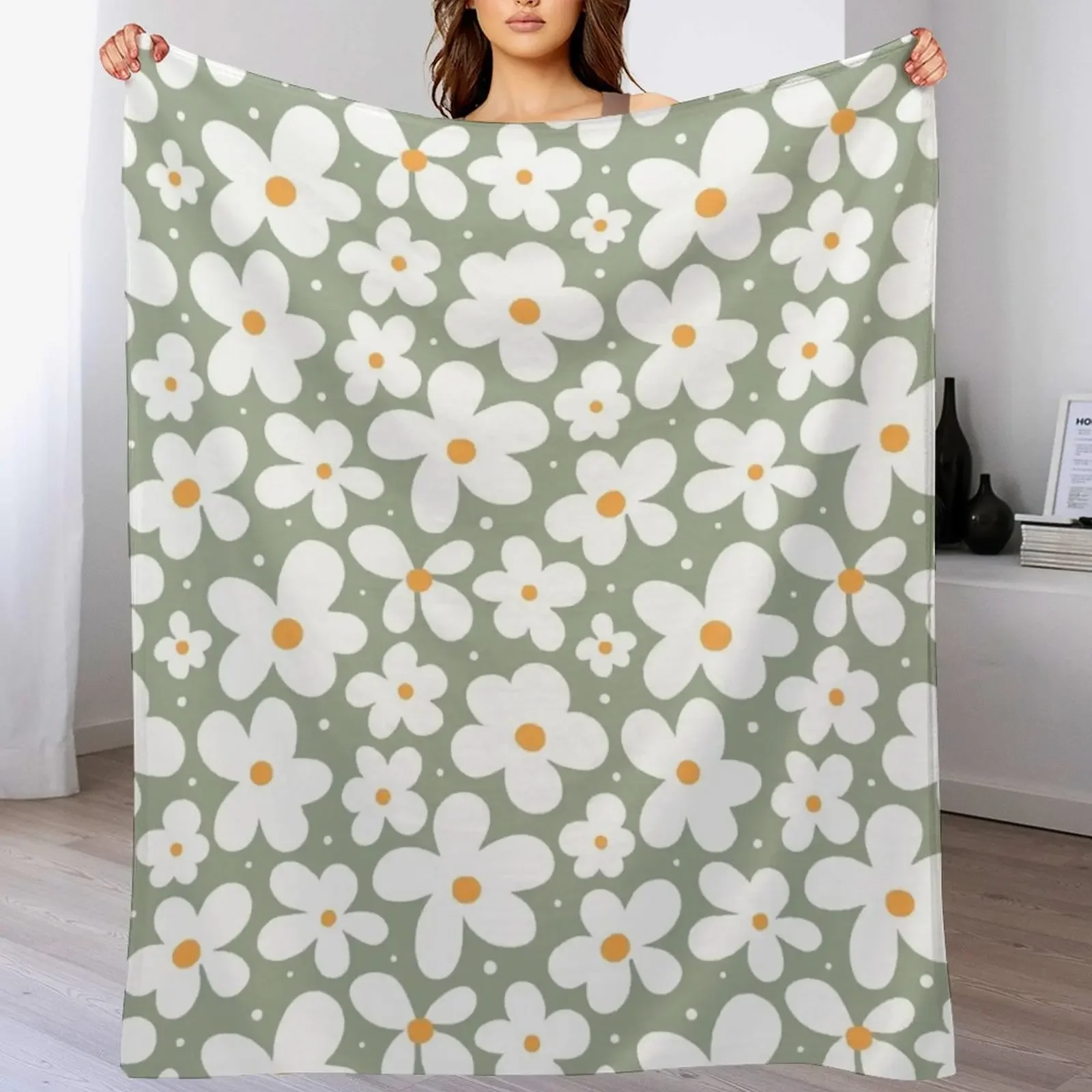 

Groovy Daisies Floral Retro Daisy Pattern Sage Olive Green Throw Blanket Decorative Sofas Personalized Gift Soft Big Blankets