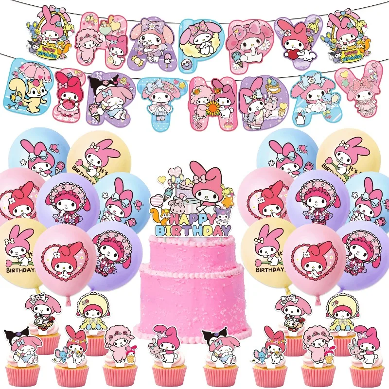 New Style Sanrio Melody Theme Party Supplies DIY Balloon Birthday Banner Latex Balloon Decoration Cake Supplies Invitation Cards