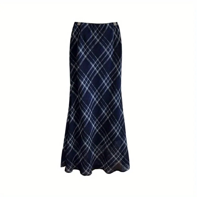 Retro Artistic Blues Lightweight Yarn Texture Plaid Half Skirt for Women Fishtail Skirt for Summer Slimming Plaid Temperament