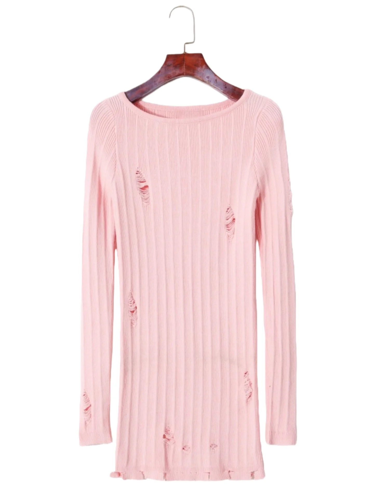 

Pink Vertical Stripe Knitted Dr Women's Slimming Trendy Cool Personali Midi Sweater Autumn Winter Commute Sle Long Sve