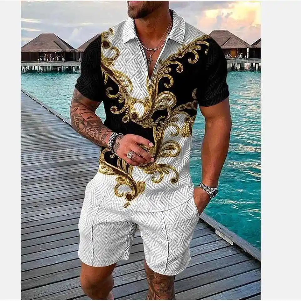 

plus Size Men's Printed Sports Shirt Shorts Set Zipper Collar Casual Autumn Outfit Seven Sleeve Short Length T-Shirt
