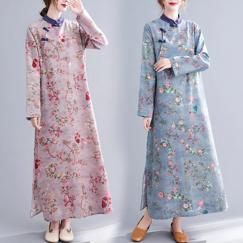 Long Sve Floral Print Cotton Linen Dr Stand Collar Button up  Loose Maxi a Line Skirt Women's Faion