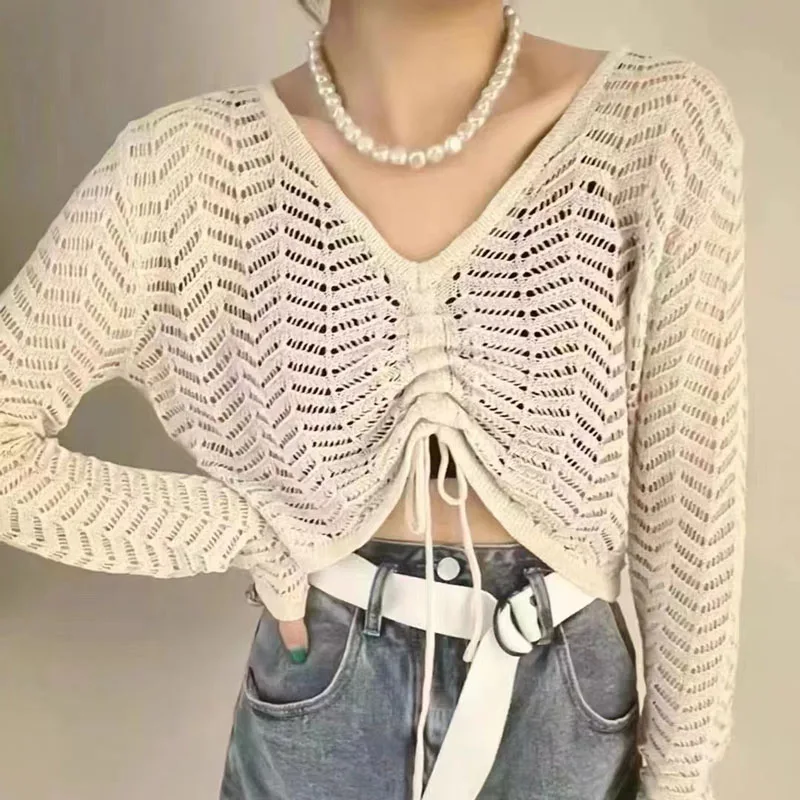

New Long Sleeve Gather Knitted Sweater Women Pullovers V-Neck Hollow Out Knit Sweater Pullover Women Tops Sueter Feminino Q3851