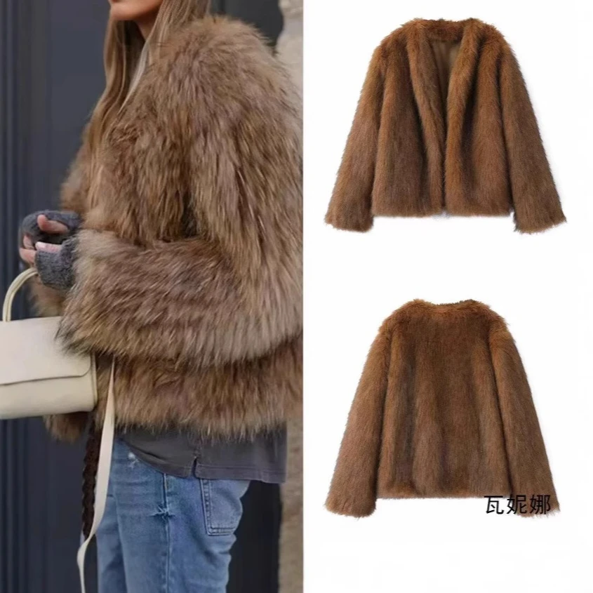 

Women Faux Fox Fur Coats Mid Length Jackets Y2k V Neck Open Stitch Coat Loose Outerwear Thick Warm Streetwear 2025 Autumn Winter
