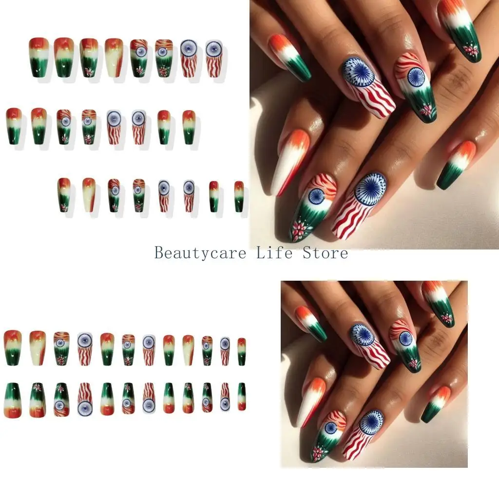 652C 24 PCS Stripe Press en palanca corta uña en día independencia las uñas False Nai