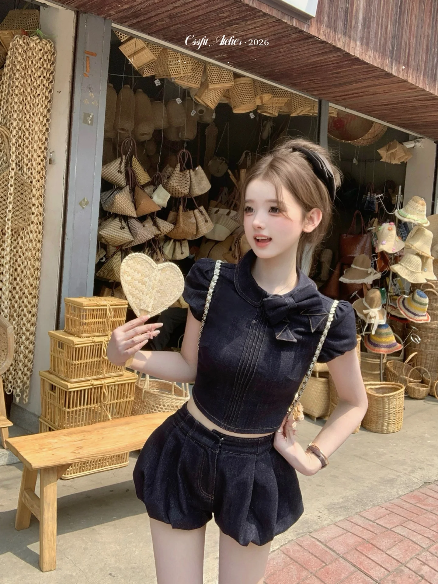 

Handmade Knot Peter Pan Collar Denim Top Shorts Set Smoke Blue Women's Fashion Spring Two-Piece Suit ...