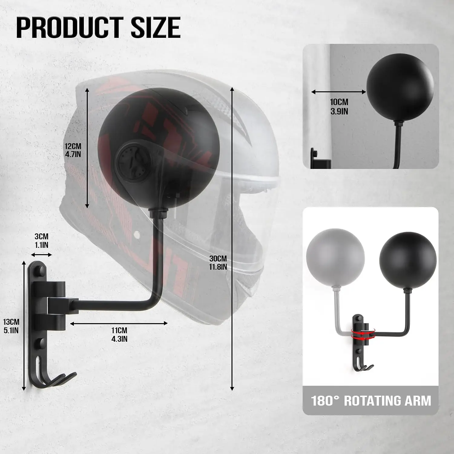 180° Rotating Wall Mount Motorcycle Helmet Holder with Hooks for Bike Moto Hats Jackets Keys Garage Storage Rack view 4