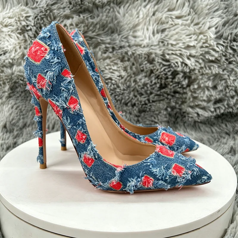 Women's Frayed Denim Red Stiletto Pumps - Distressed Pointed Toe High Heels for Streetwear, Party & Night Out