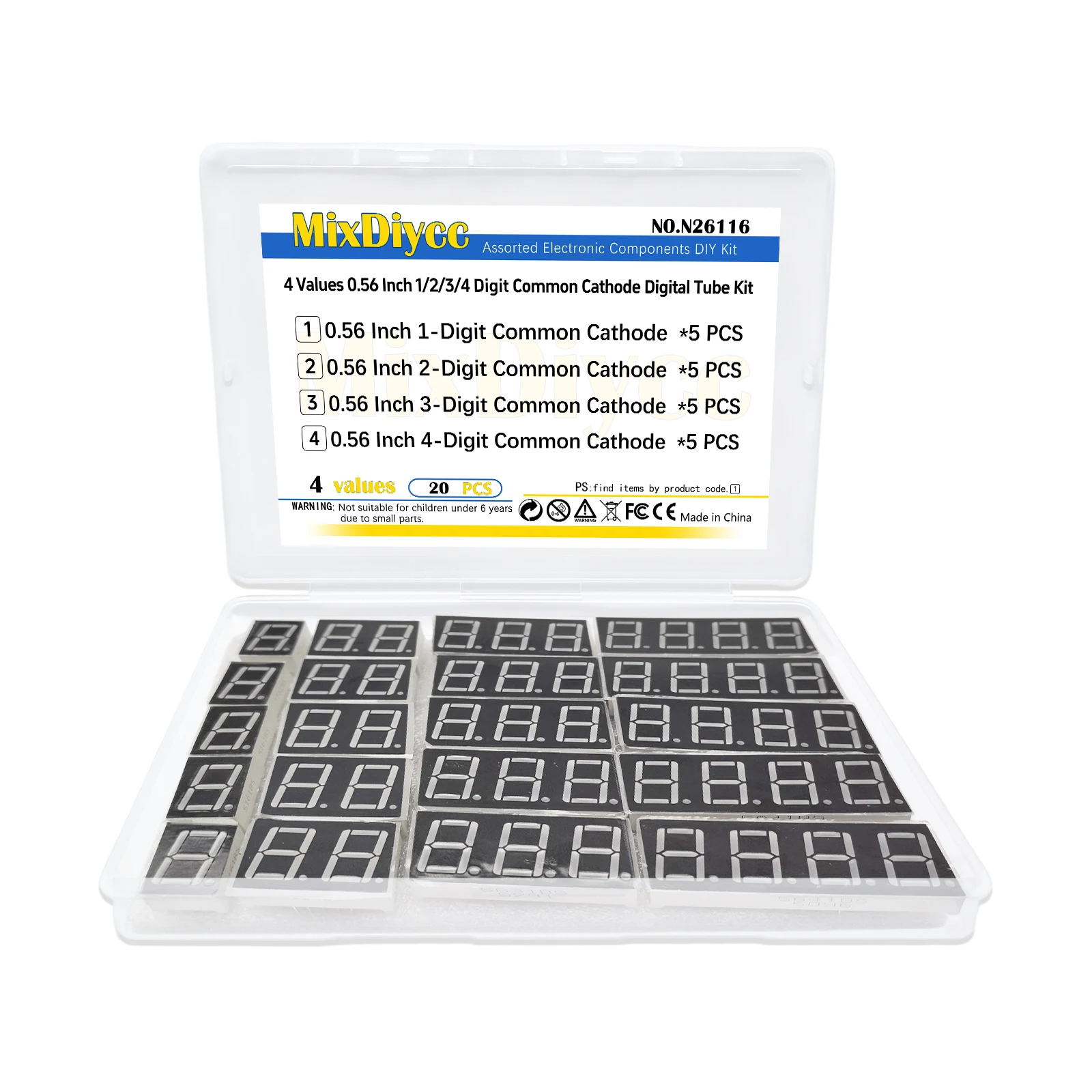 4 Values 0.56 inch Common Cathode LED Digital Tube Kit 1/2/3/4 bits bit Red 7 Segment Display Digit Total 20 Pcs
