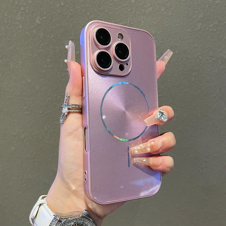 Funda magnética de lujo con brillo y efecto aurora para iPhone 15 16 17 Pro Max 14 Plus 13 12 11, protección completa de lente