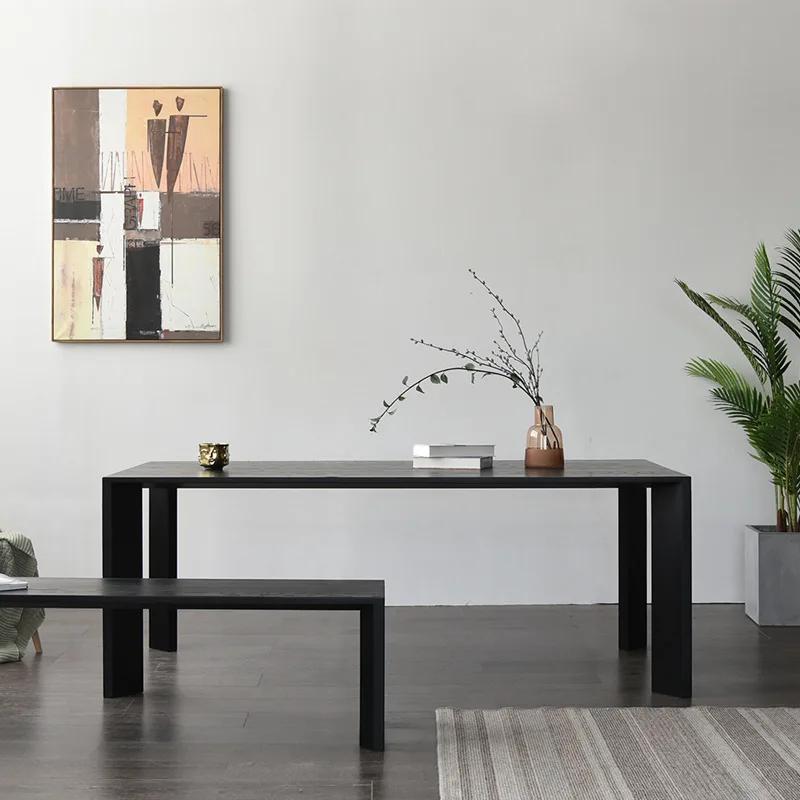 Minimalist wabi-sabi style solid wood dining table living room home ash black large desk long table workbench study table
