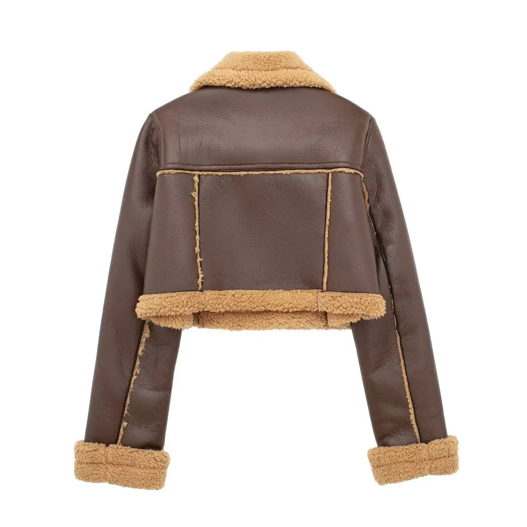 2024 Autumn Winter Women Faux Lamb Leather Fur Short Jackets Lady Moto Biker Zipper Coats Thicken Warm Female Vintage Outerwear