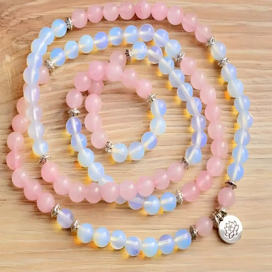 

6mm Moonstone Pink crystal Gemstone 108 Beads Mala Bracelet Hand Bead Stone tassel Spiritual Chaplet Sacred Buddha Jewelry Yoga