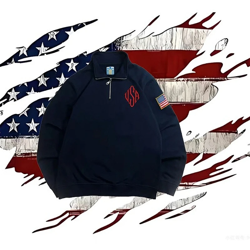 Klassisches Y2K Retro Harajuku American Flag Quarter-Zip-Sweatshirt, amerikanischer Pullover, Streetwear, High Street, lässiges Langarm-Oberteil – Detail 4