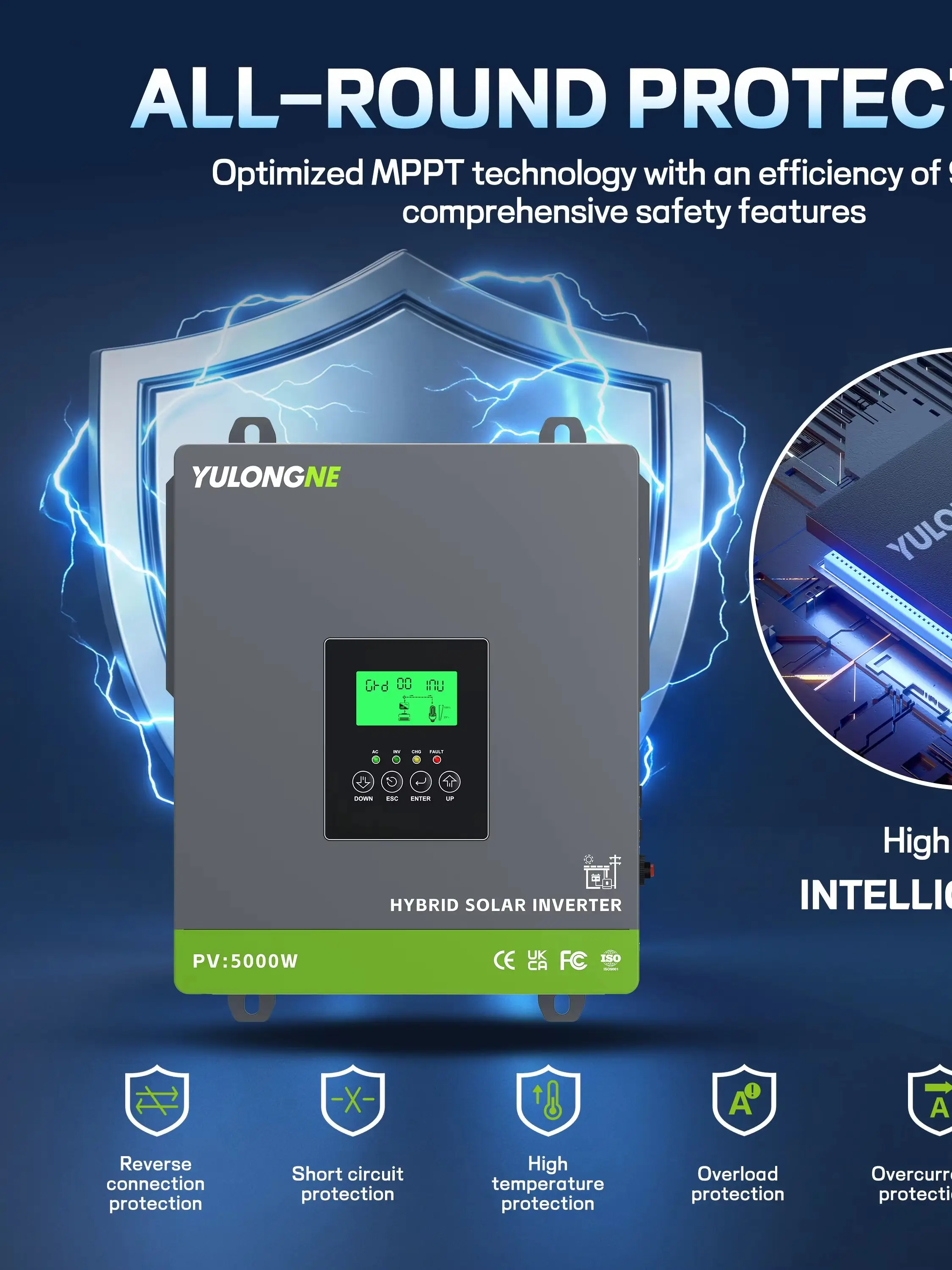 YULONGNE 3300W Hybrid-Solarwechselrichter 24VDC zu 230VAC Off-Grid-Wechselrichter mit 120A MPPT-Laderegler Max. PV-Eingang 5000W Solarenergiespeichersystem