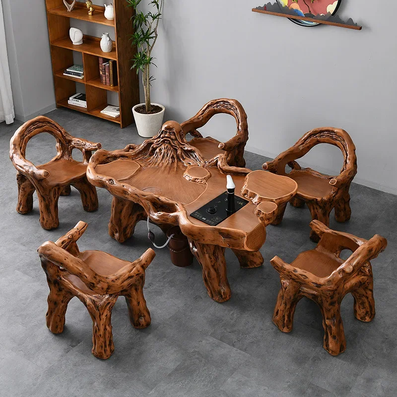 Imitation Wood Root Carved Tea Table and Chair Combination Tea Set, Integrated Balcony Tea Table