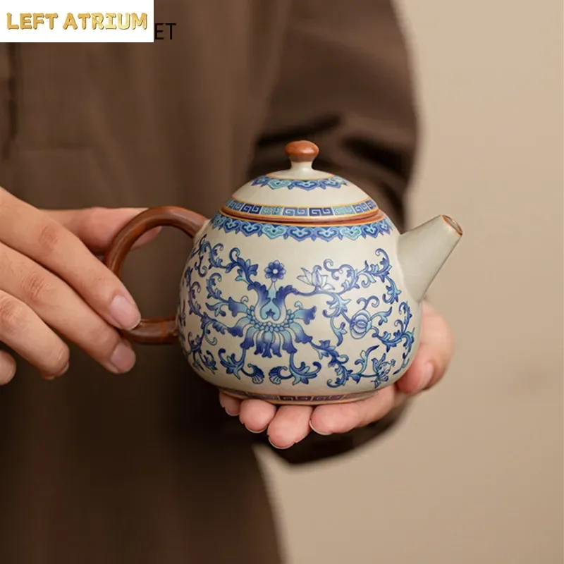 Chinese Ru Kiln Ceramic Teapot Gaiwan Traditional Handmade Blue and White Tea Pot Beauty Tea Infuser Kettle Household Teaware