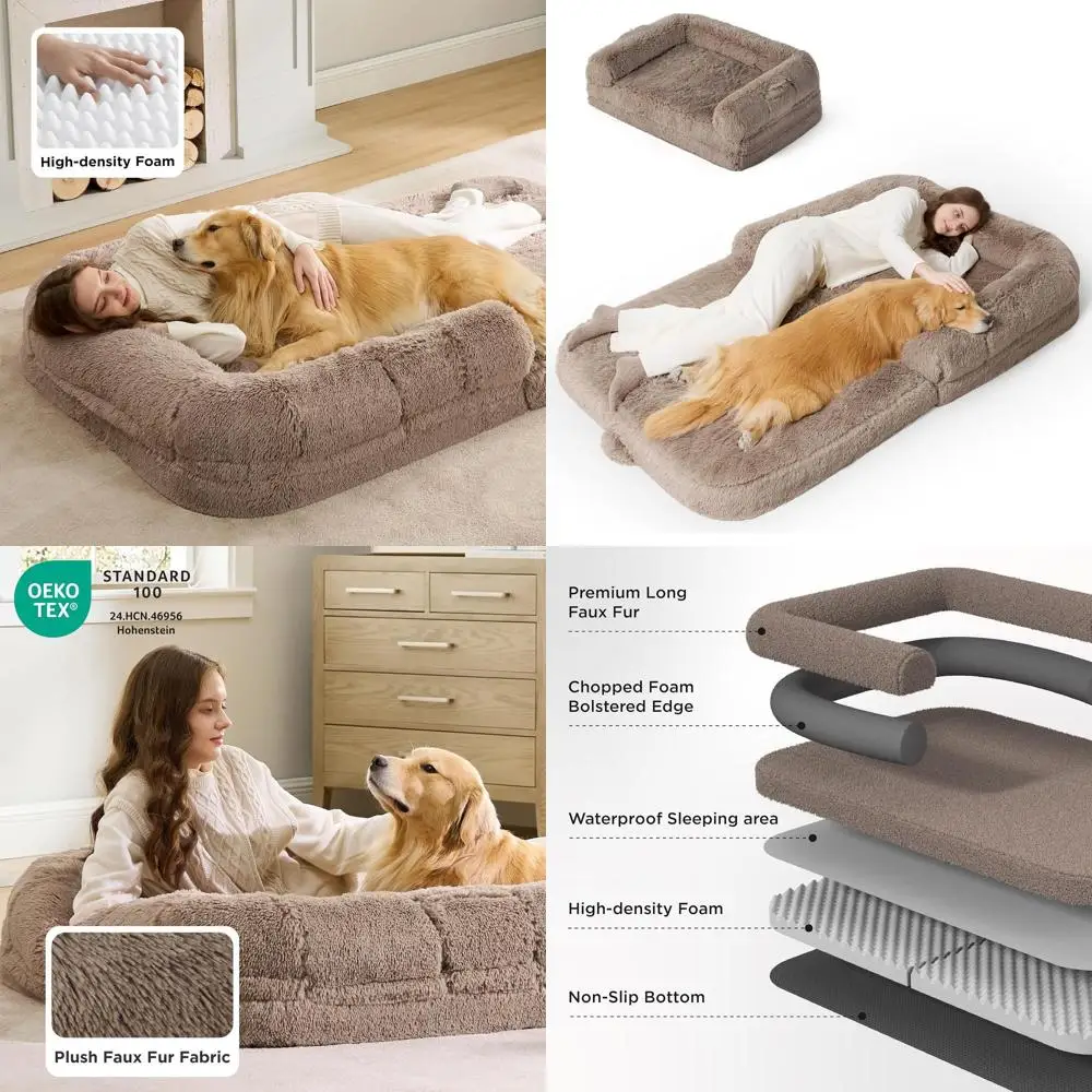 

Flexible 2-in-1 Giant Dog Bed for Adults with Bolster, Waterproof Liner, and Orthopedic Faux Fur, Camel