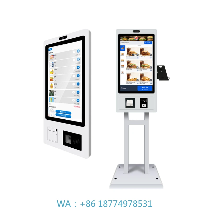 

Unmanned Store Hotel Wall Mounted 27 Inch Floor Standing Self Ordering Fast Food Kiosk With Printer Windows for