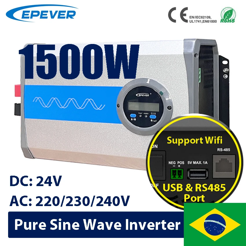 1500W EPEVER Pure Sine Wave Inverter 24VDC Input 220V230V240V Output With USB Port LCD Display IP1500-22-Plus Support Lithium