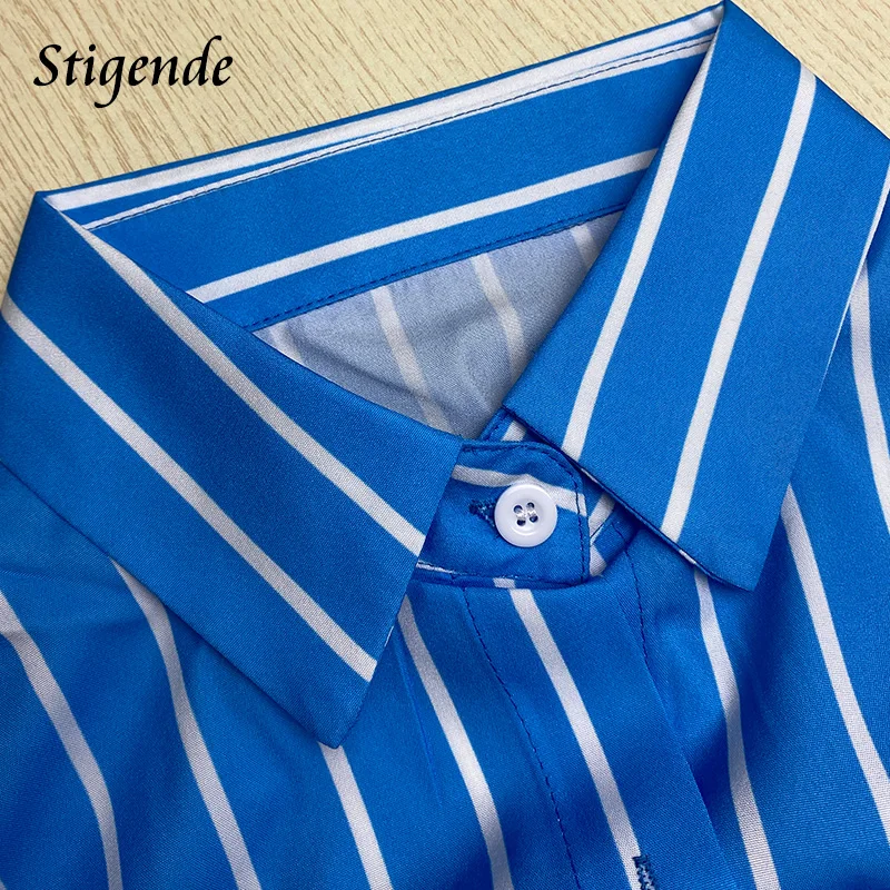 Stigende Blue Striped Button Shirts Women Long Sleeve Loose High and Low Office Shirt