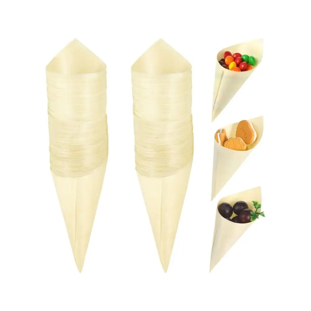 50PCS Wooden Ice Cream Cone Cup Yellow Cone Shaped Bull Horn Cup Multi-purpose Plating Decoration Sashime Plate Decoration Cup