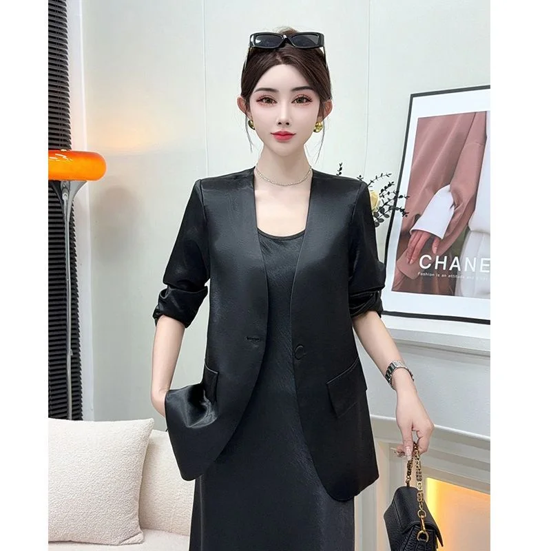 

Fashion Satin Fabric Slim Suit Jacket Women's Suit Coat Casaco Feminino New 2025 Summer Autumn Korean Thin Jacket Outerwear top