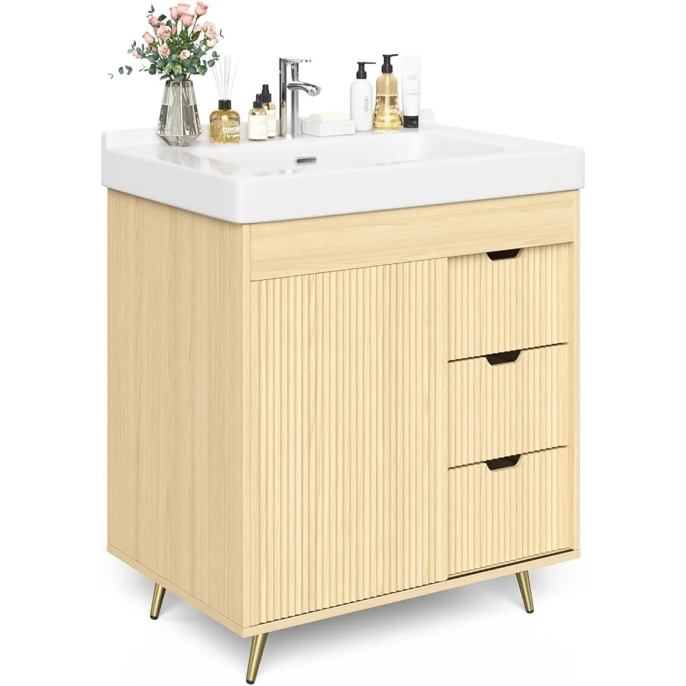 Bathroom Vanity with Sink, 31'' Sink Cabinet with Glide Door and 3 Drawers, Ceramic Sink Vanity Modern Minimalist Striped Design