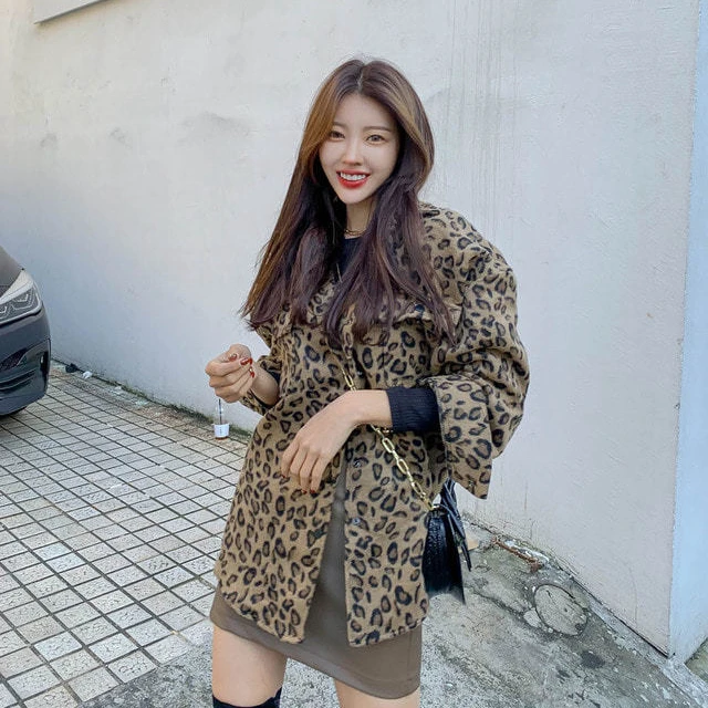 Manteau en laine imprimé léopard rétro pour femme, automne-hiver, Design ample, sens, col irt, boutonné