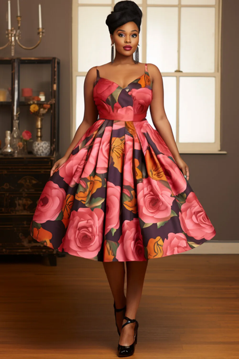 

Plus Size Wedding Guest Red Elegant Floral V Neck Pleated Satin Midi Dresses