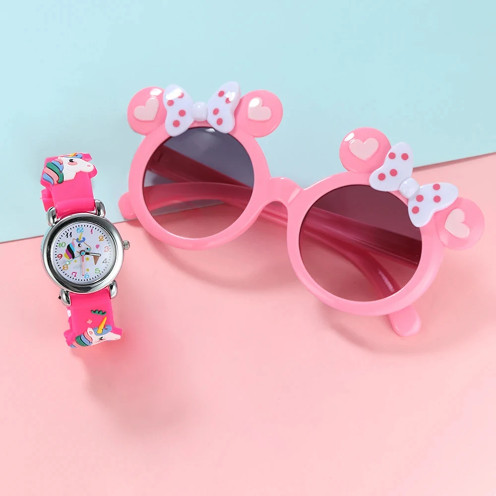 2pcs Girls Kids Unicorn Quartz Silicone Watch Quartz Watch Sunglasses Bow Cartoon Cute Girls Sun Protection Sunglasses Watch Set