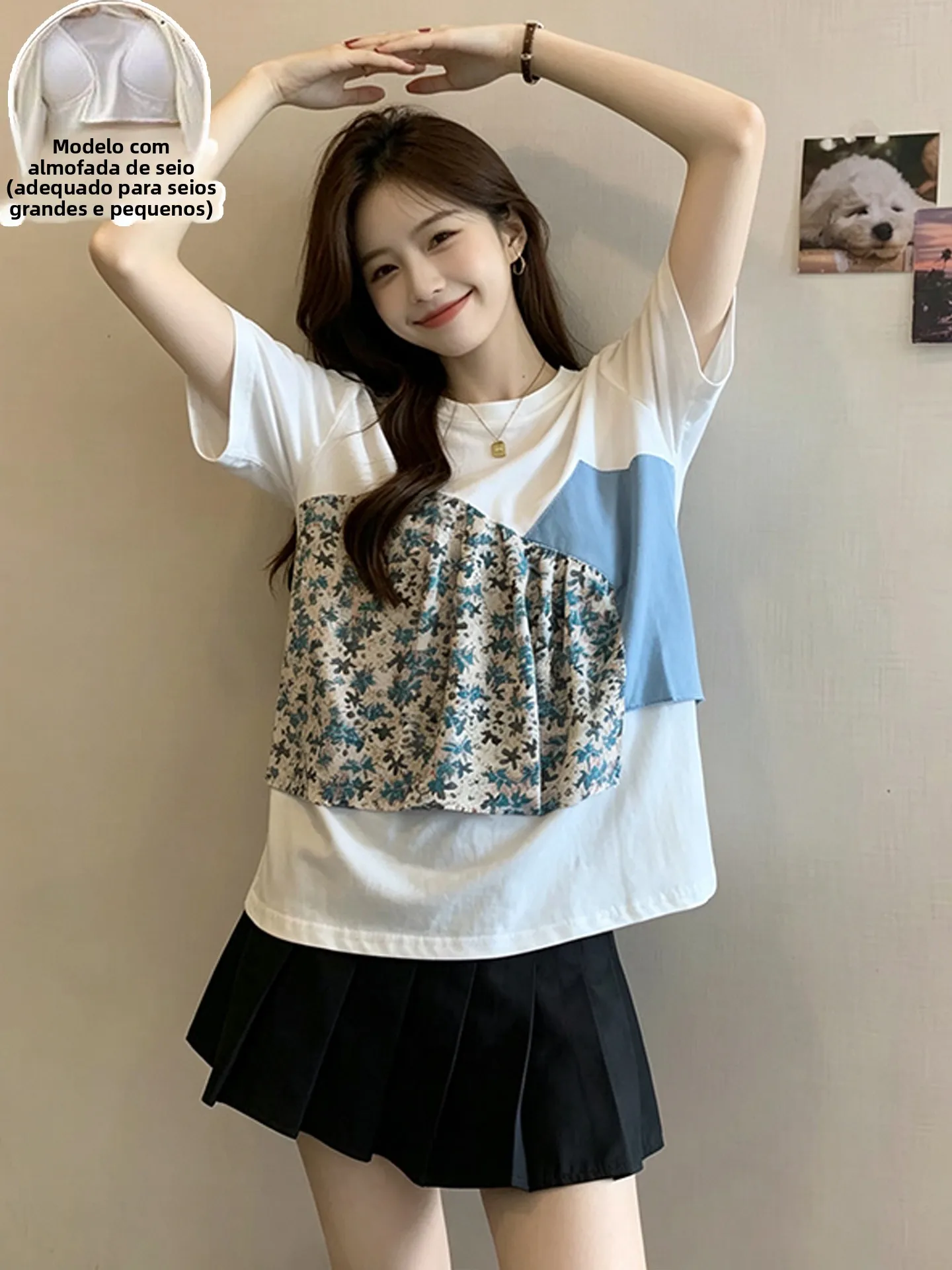 純綿夏用寝間着女性用半袖tシャツパッチワークホーム服屋外でも着用可能花柄ルーズフィット