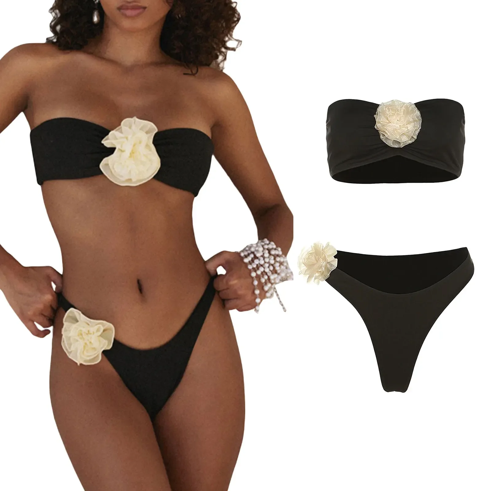 

Summer Bikini Set Sexy Tie Flower Pleated Strapless Top Triangle Trunks Two Piece Hottie Beach Swimwear