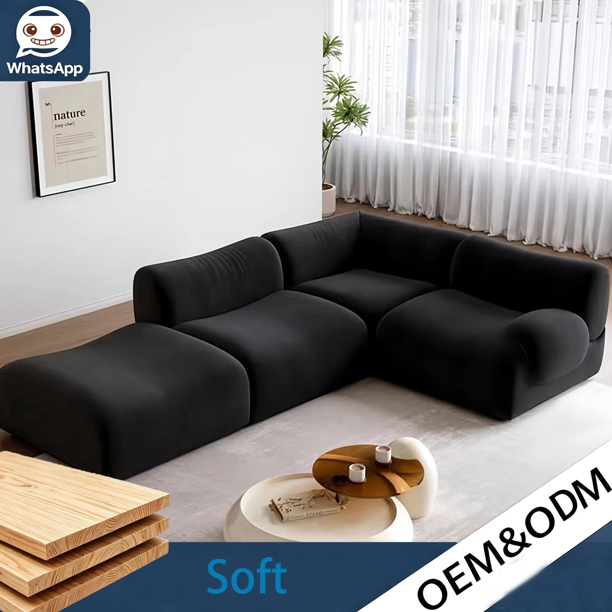 Bamboo Modular Combination Retro Curved Sheepskin Sofa Vacuum Compressed Sponge Cushion Single Person Couch For IndoorLivingRoom