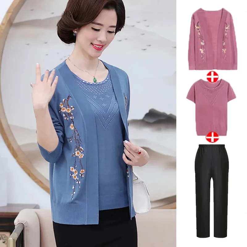 2024 NEW Middle Aged Elderly Women's Spring Summer Autumn Suit Fashion Knitted Cardigan Coat +TShirt Top 2 Pce + Pants 3 Pce Set