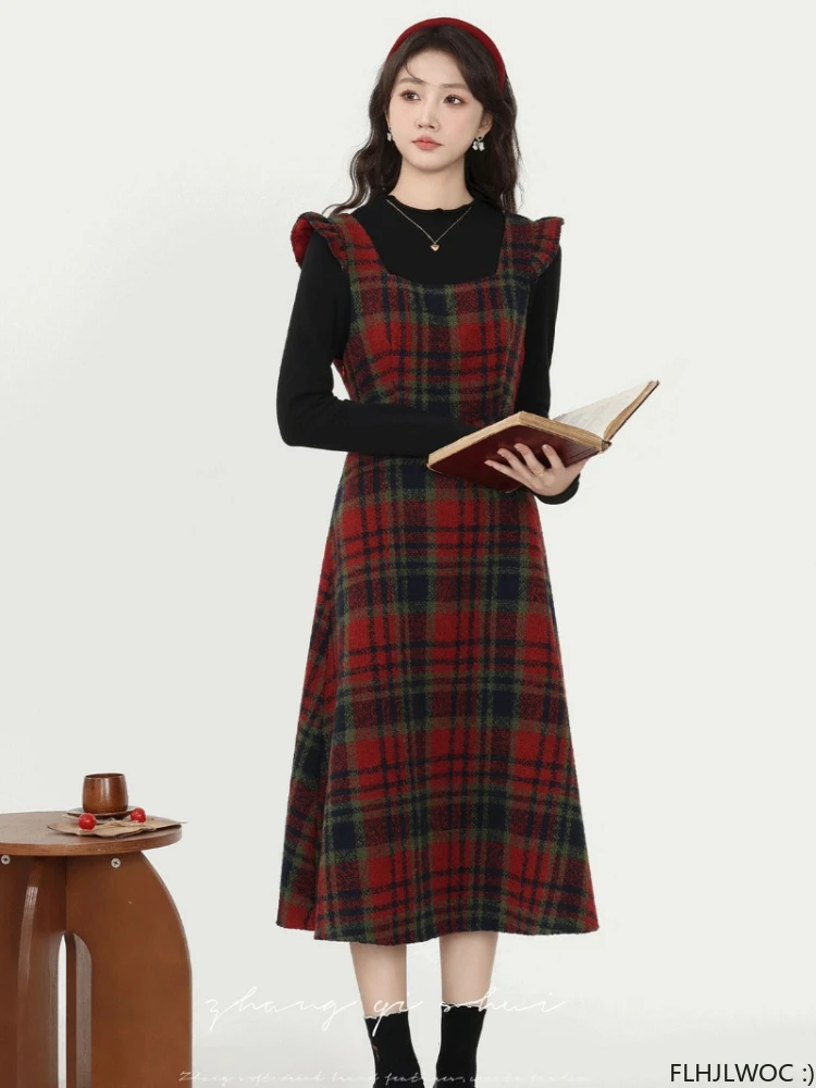 Chic Japan Mori Girls Feminine Vestidos Women Ruffles Christmas Date Elegant Retro Cute Vintage Woolen Red Plaid Shirt Dress