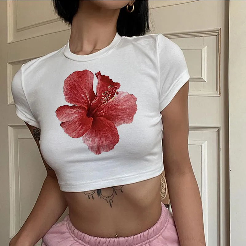 Hibiscus Flower Print Harajuku Vintage 2000s Y2K Clothing Short Sleeve Crop Top Summer Women Sexy Slim Baby Tees