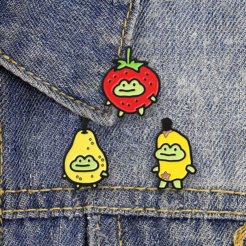 Niedliche Frucht-Frosch-Erdbeer-Bananen-Birnen-Emaille-Abzeichen Lustige Tier-Cartoon-Pins Broschen Anstecknadel-Set Geschenk für Freunde – Detail 2