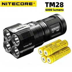 Nitecore-高輝度充電式LED懐中電灯tm28,6000ルーメン,4 * xhp35ハイパワー,自己防衛ライト,充電器付き4*18650バッテリー