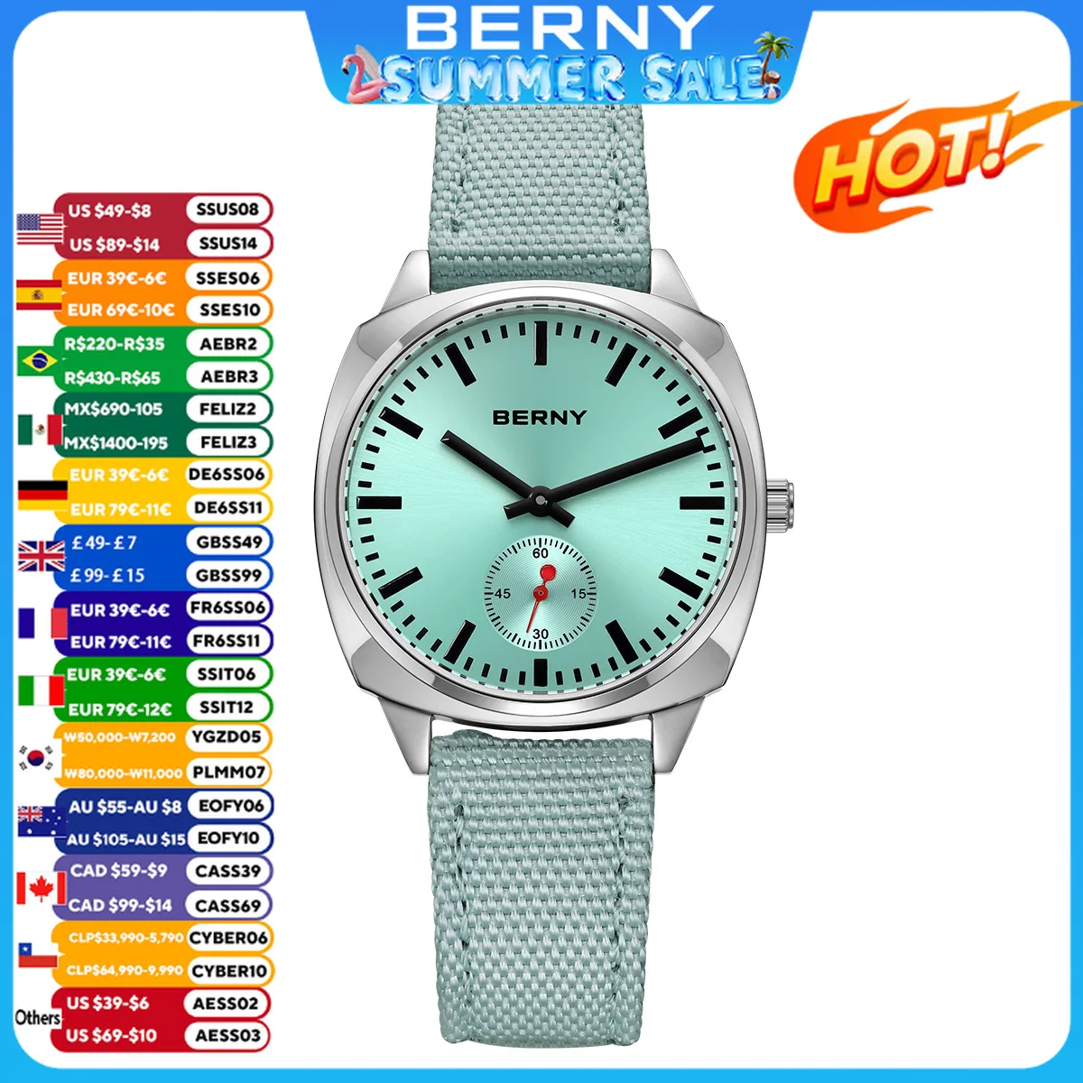 BERNY Ladies Railway Watch Canvas Women Wristwatch Quartz Pillow Watch For Women Casual Versatile Ice Blue Dial Ladies Watches