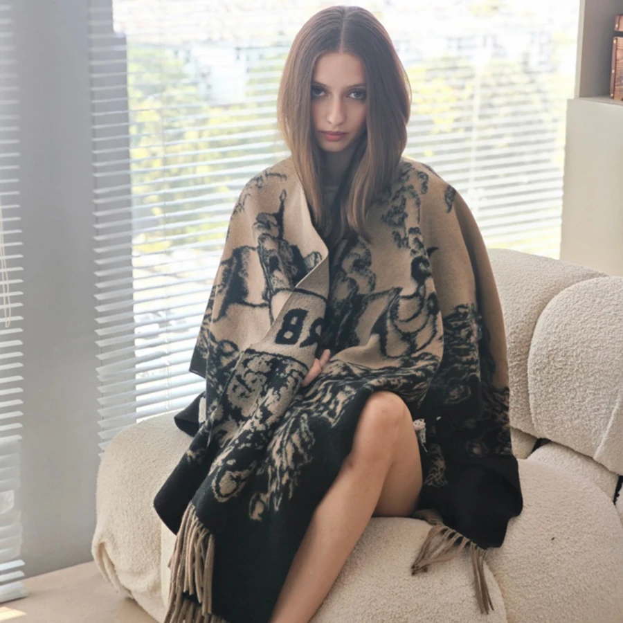 

Женская шаль с винтажным узором (бежевый/черный), декор с бахромой, мягкая, теплая, на осень-зиму, повседневный домашний повседневный модный аксессуар