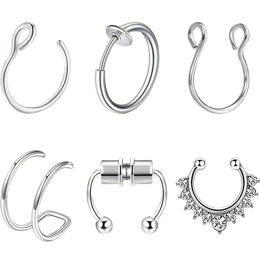 

6pcs/set Golden Plated Stainless Steel Body Piercing Jewelry Set Elegant Unisex Non-Piercing Hoop Earrings, Lip & Nose Rings